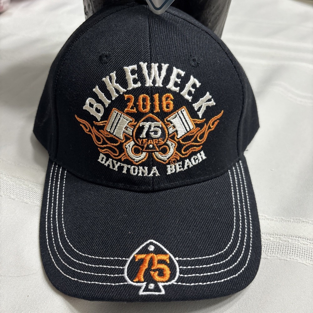1 DAYTONA BEACH‎ BIKE WEEK HAT 2016 ADJUSTABLE TRUCKER HAT BLACK ORANGE 75 YEARS